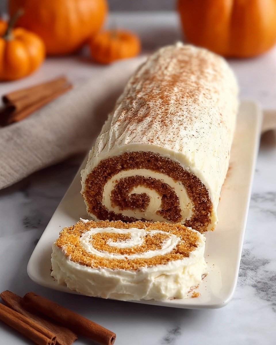 A pumpkin roll cake is sliced on a white rectangular plate placed on a white marbled surface. The cake has one visible large spiral layer made up of a moist, orange-brown pumpkin sponge cake, rolled tightly with thick, creamy white frosting with tiny brown specks inside. The outside is coated smoothly with the same white frosting, sprinkled lightly with cinnamon powder that adds a warm, fine dusting on top. The texture of the cake is soft and moist, while the frosting looks rich and creamy. In the background, there are soft orange pumpkins and cinnamon sticks, enhancing the cozy autumn feel. photo taken with an iphone --ar 4:5 --v 7