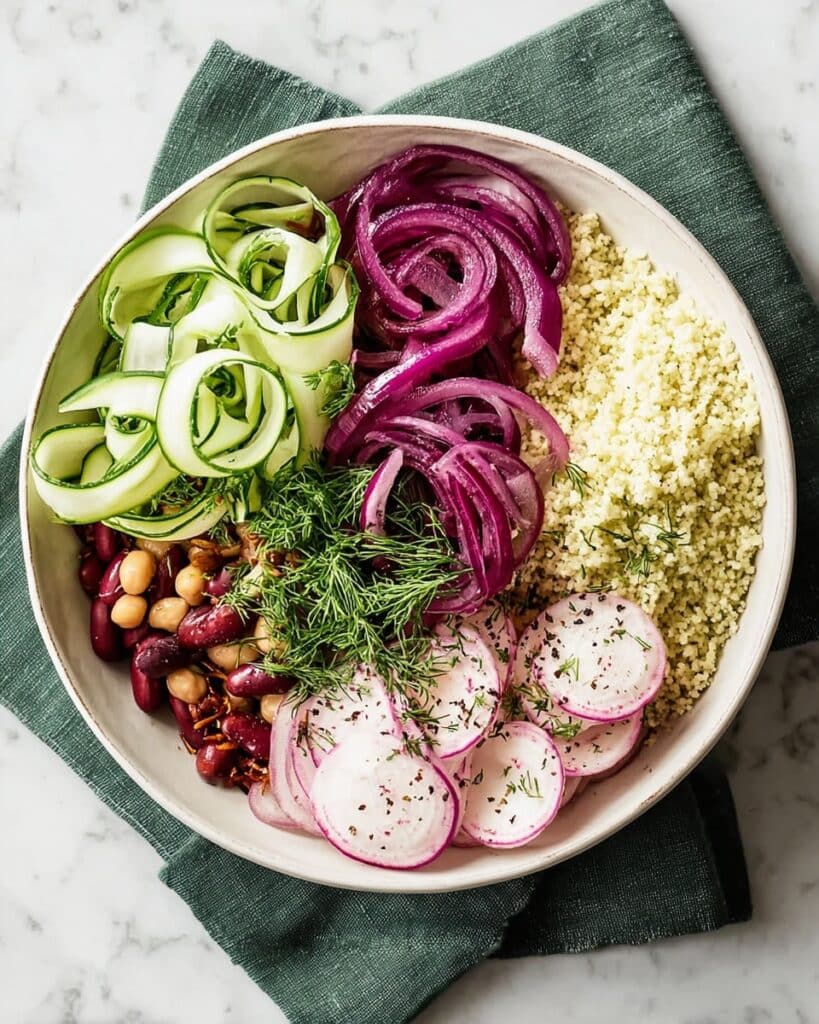 Vegan Couscous Salad Bowl with Mixed Beans, Watermelon Radish, and Fresh Dill Recipe