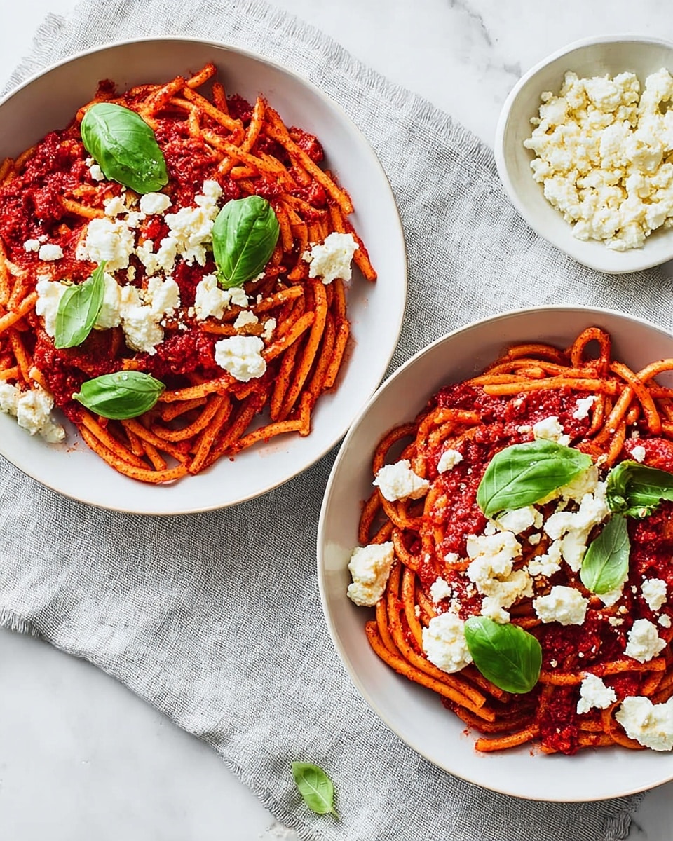 Two white bowls on a white marbled surface with a gray cloth underneath hold pasta dishes. Each bowl contains red pasta sauce spread around the bottom as the first layer, topped with short, thick pasta pieces covered in the same red sauce. Scattered on top are white cheese crumbles and bigger white cheese pieces. Bright green basil leaves sit on top as a fresh garnish. In the upper right, a white bowl holds extra white cheese. The overall look is colorful and fresh with a mix of red, white, and green. Photo taken with an iphone --ar 4:5 --v 7