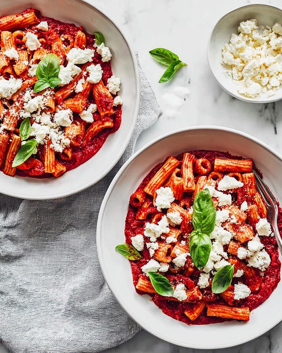 Two white shallow bowls sit side by side on a light grey fabric cloth over a white marbled surface. Each bowl holds pasta coated in a thick, bright red tomato sauce, scattered with small white dollops of soft cheese. On top of the cheese are a few fresh, dark green basil leaves placed in the center, adding a splash of color. The pasta strands vary slightly in tone, some with a lighter orange hue. In the top right corner, a small white bowl contains more crumbled soft white cheese. The whole scene is lit with natural light, emphasizing the vibrant colors and textures. photo taken with an iphone --ar 4:5 --v 7
