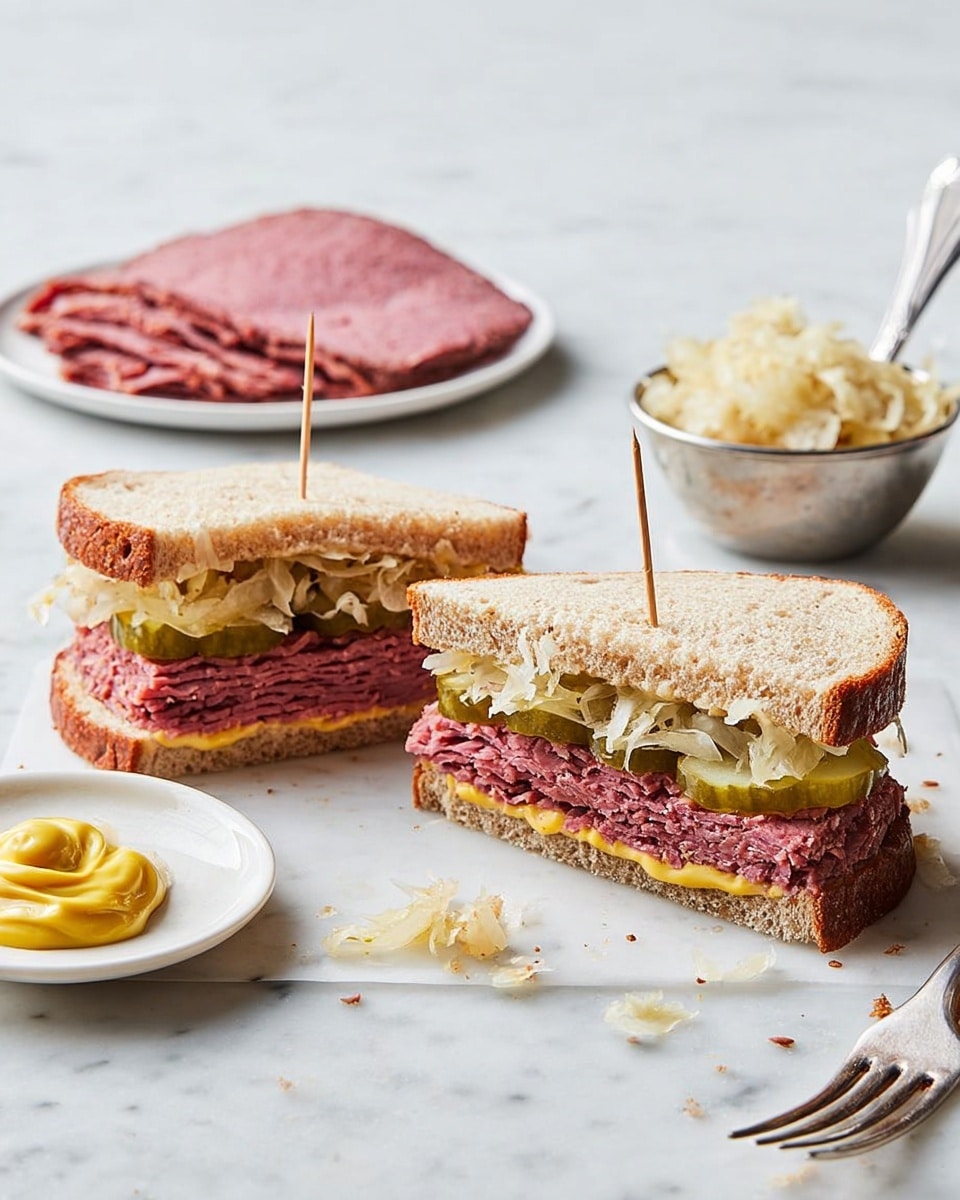 Two sandwich halves sit on a white marbled surface, each held together with a toothpick. The sandwiches have three layers visible: the bottom layer is yellow mustard spread on a slice of light brown bread, followed by a thick layer of pink corned beef, topped with pale green pickle slices and white sauerkraut, all covered with another slice of bread. Behind the sandwiches, on a white plate, are several slices of corned beef. To the right, there is a small silver bowl filled with sauerkraut and a white plate holding a dollop of yellow mustard. A fork lies near the sandwiches with some sauerkraut scattered nearby. photo taken with an iphone --ar 4:5 --v 7