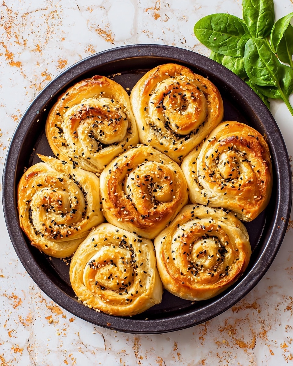 The image shows a round dark baking pan holding six spiral-shaped pastries arranged in a circle with one in the center. Each pastry is golden brown with crispy, flaky layers spiraled tightly, topped with black sesame seeds. Some flaked pastry pieces are scattered inside the pan. The pan sits on a white marbled surface with small green spinach leaves nearby. photo taken with an iphone --ar 4:5 --v 7