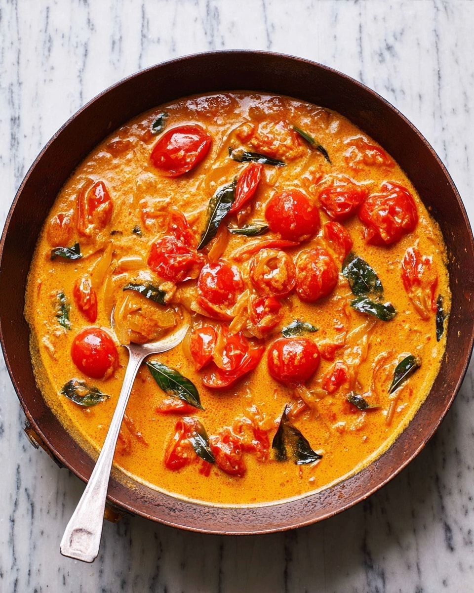 A round dark brown pan filled with a thick yellow-orange curry sauce, containing bright red tomato pieces and small round red cherry tomatoes, along with green curry leaves scattered throughout. Large chunks of light orange fish or chicken are visible, partially covered by the sauce, with some thin translucent onion slices mixed in. A metal spoon rests inside the pan on the left side. The pan is placed on a white marbled surface. photo taken with an iphone --ar 4:5 --v 7