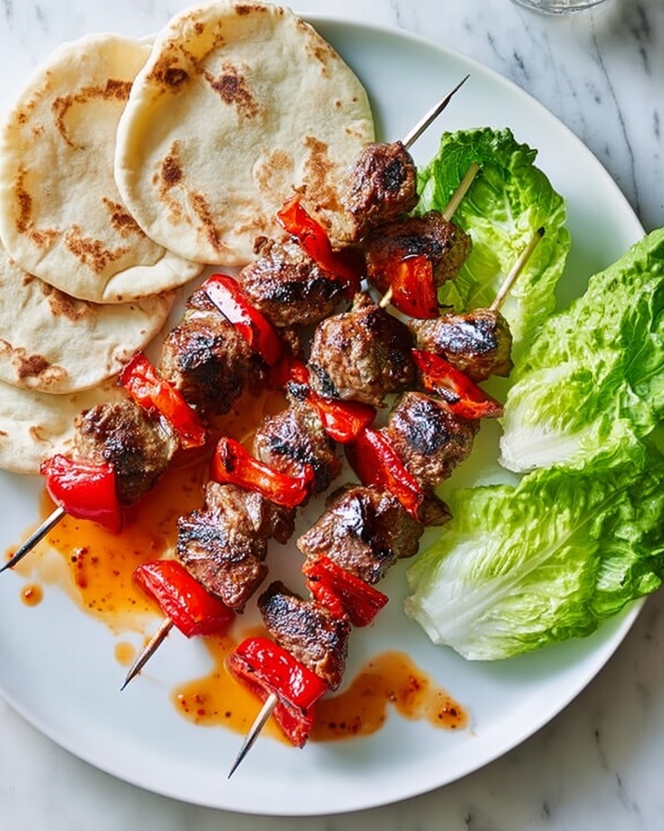 Grilled Pork Souvlaki with Cucumber Yogurt Sauce and Roasted Peppers Recipe