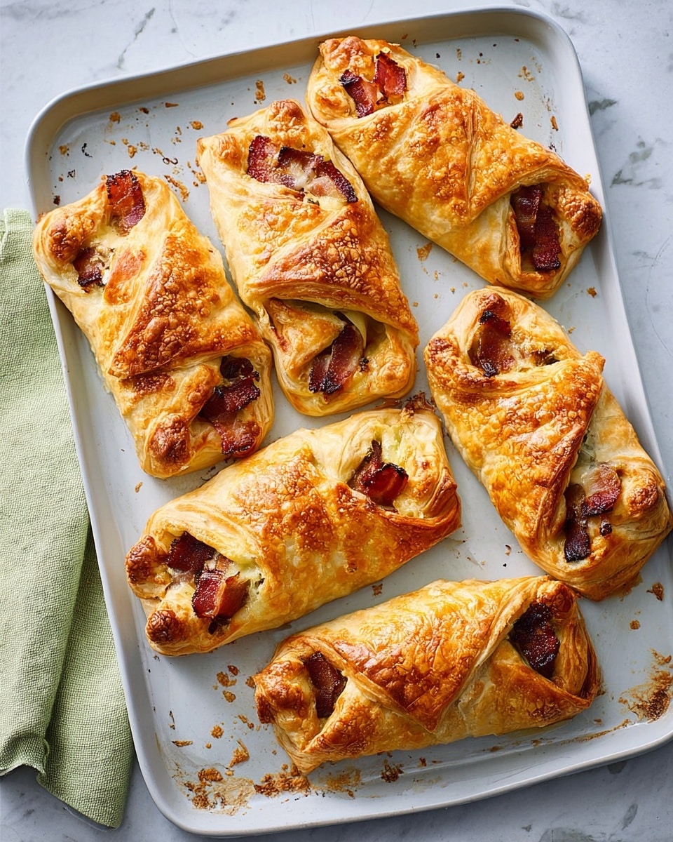Five baked pastries are arranged on a white tray with slightly worn edges, placed on a white marbled surface. Each pastry is a golden brown color with a shiny, flaky crust around two layers; the outer layer is crisp and browned, while the inner layer is softer and light yellow. Inside, thick slices of reddish-brown bacon peek out from the folded dough. The pastries have an irregular shape with some charring at the edges, and small crumbs and bits of pastry are scattered around them on the tray. Photo taken with an iphone --ar 4:5 --v 7