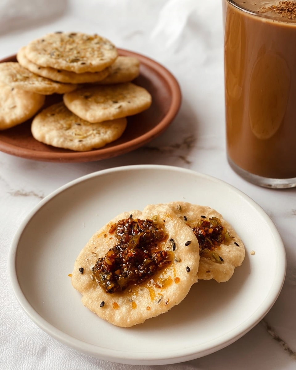 The image shows a small, round, light beige crispy snack with seeds visible inside, placed on a plain white plate. The snack has a slightly rough texture and is topped with a dark brown and greenish spicy mix that looks oily and textured, spread roughly on the center. Nearby, there is a white plate holding several more of the same crispy snacks stacked loosely on top of each other. In the background, there is a tall glass filled with a brown beverage on a white saucer. The setting is on a white marbled surface with soft natural light. photo taken with an iphone --ar 4:5 --v 7