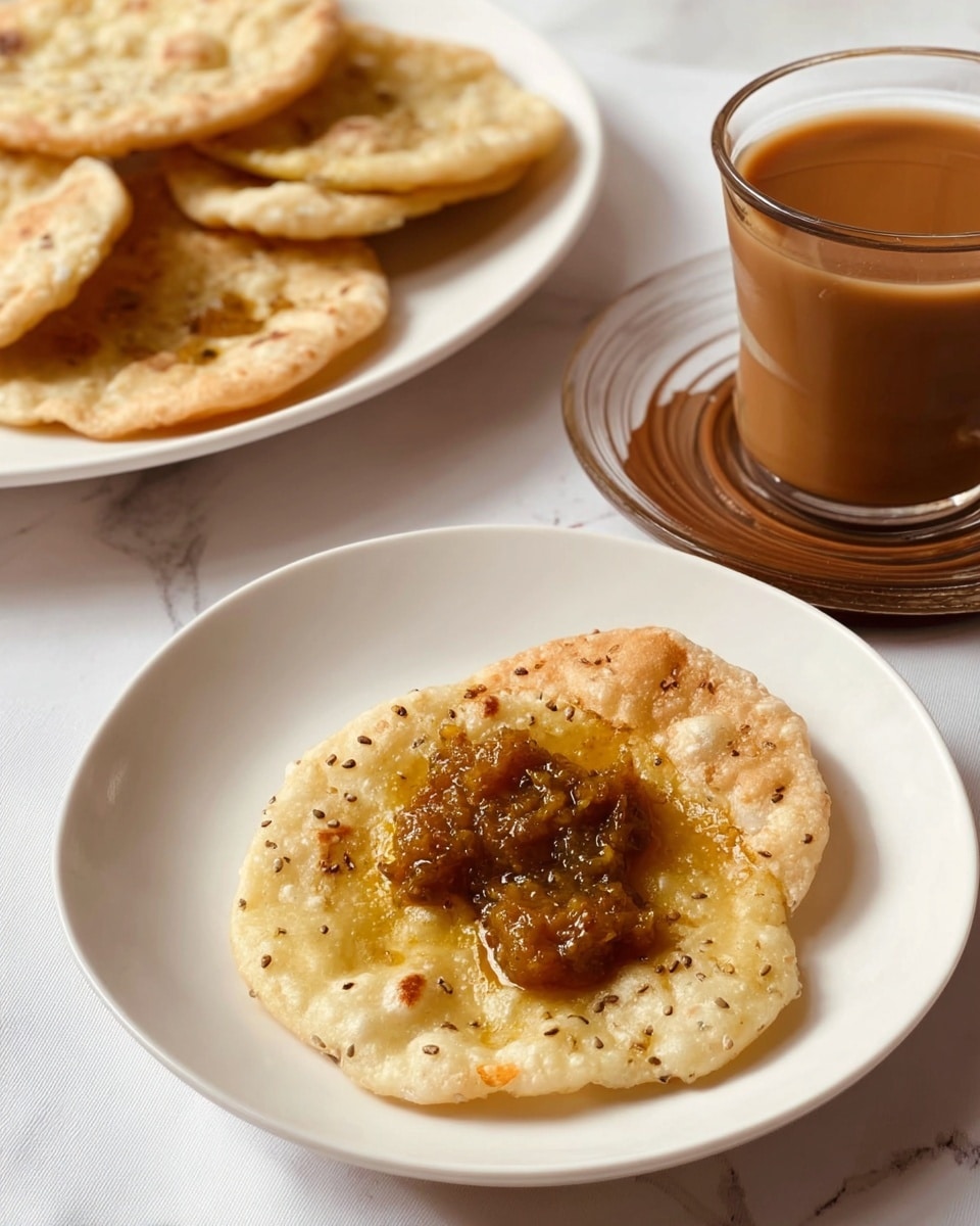 The image shows a single light golden, crisp disc-shaped snack with visible cumin seeds on the surface, resting on a white plate. This snack has a slightly uneven texture with small bubbles and is topped with a thick, chunky brownish-yellow spicy pickle, which glistens with oil. In the background, there is a white plate holding several similar plain discs stacked unevenly next to each other. The scene also includes a glass cup filled with a light brown tea placed on a matching saucer. All items are set against a white marbled textured surface with soft shadows. photo taken with an iphone --ar 4:5 --v 7