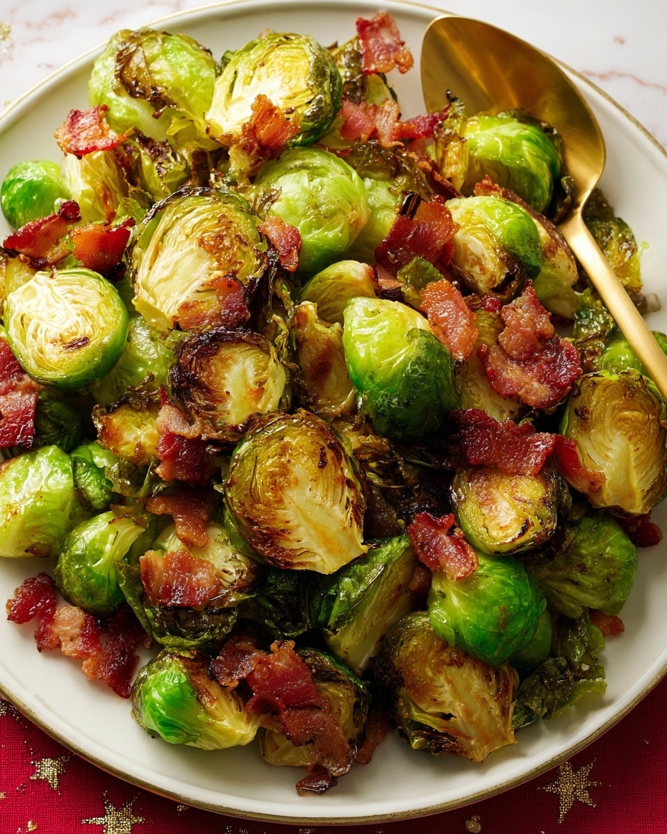 The dish shows roasted Brussels sprouts with a mix of whole and halved sprouts, their outer leaves browned and crisped, giving a textured look of green and charred light brown. Mixed throughout are pieces of crispy bacon, reddish-brown in color with a shiny, greasy texture. The greens and bacon are layered together in a white plate with a warm golden rim that adds a soft shine, set against a red cloth backdrop. A gold spoon is scooping some of the sprouts and bacon from the dish. photo taken with an iphone --ar 4:5 --v 7