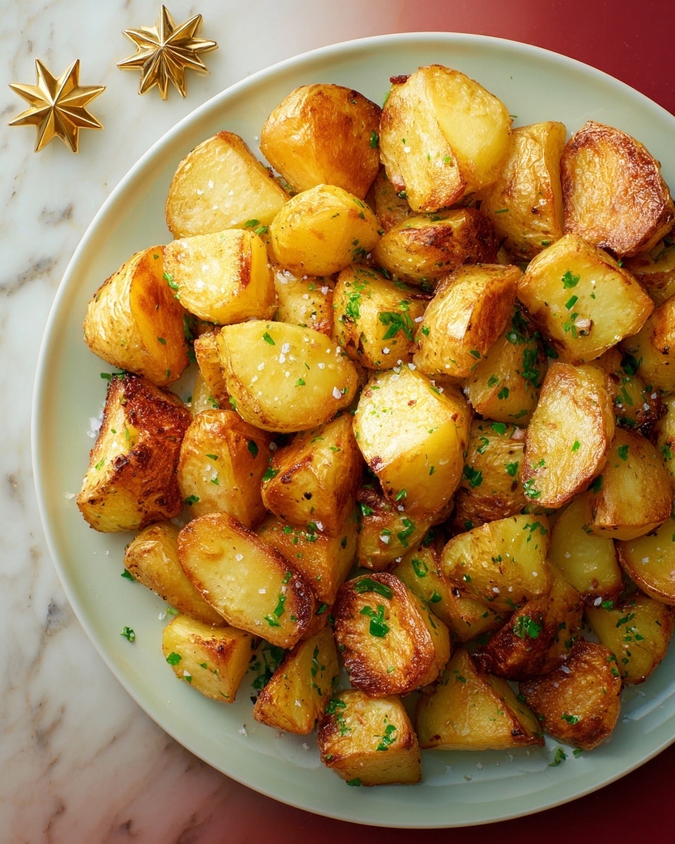 A close-up view of a white plate filled with one layer of golden-brown roasted potato chunks, each piece crispy on the edges with a soft, pale yellow center. The potatoes are sprinkled with coarse salt and small bits of fresh green parsley, adding a touch of color contrast. Blurred green parsley leaves partially cover the plate, and two decorative brass stars sit on a white marbled surface near the plate edges. The warm, crispy texture of the potatoes stands out against the smooth white plate and marbled background. Photo taken with an iphone --ar 4:5 --v 7