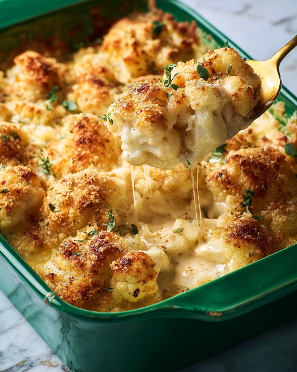 A close-up view of a baked cauliflower cheese dish in a white baking tray filled with large cauliflower florets. The top layer is golden brown with a crunchy breadcrumb and cheese crust, sprinkled with fresh thyme leaves for garnish. Below the crust, a rich, creamy cheese sauce coats the cauliflower, visible as a thick, smooth, pale yellow layer. A gold serving spoon lifts one cauliflower floret, showing the soft white inside and the creamy cheese sauce dripping from it. The tray is set against a white marbled texture background. Photo taken with an iphone --ar 4:5 --v 7
