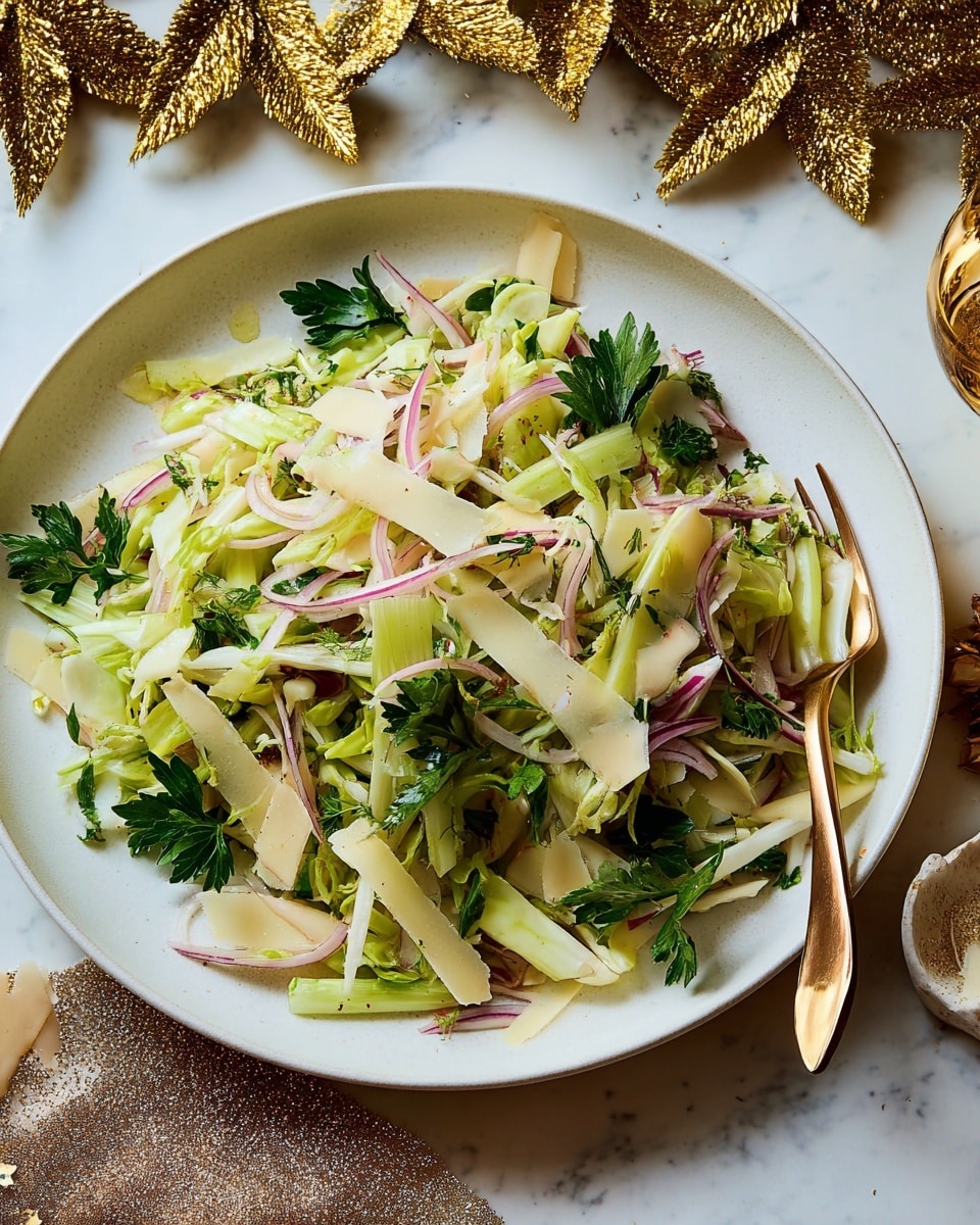 A white round plate holds a fresh salad with about four layers: the bottom layer is pale green and light yellow thinly sliced fennel, the second layer includes light green celery pieces with some red thin slices of red onion scattered throughout, the third layer consists of dark green parsley leaves and finely chopped chives sprinkled on top, and the final top layer features light beige shaved cheese slices spread unevenly. To the right side inside the plate rests a copper-colored spoon and fork. The dish is set on a white marbled surface with golden glittery leaves decorating the top background. photo taken with an iphone --ar 4:5 --v 7