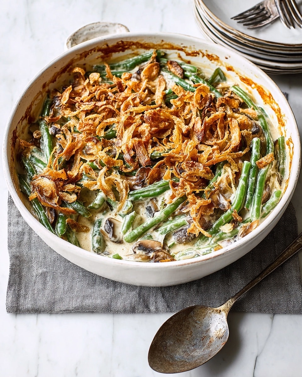 The dish is a creamy green bean casserole in a white oval ceramic baking dish. The bottom layer has a smooth white cream sauce mixed with tender green beans and sliced mushrooms visible in patches. On top, there is a crispy golden brown fried onion topping, covering the entire surface with a crunchy texture. The casserole dish is placed on a soft gray cloth over a white marbled surface, with a vintage metal serving spoon that has a white handle resting beside it. In the background, a small stack of white plates with silver forks is partially visible. Photo taken with an iphone --ar 4:5 --v 7