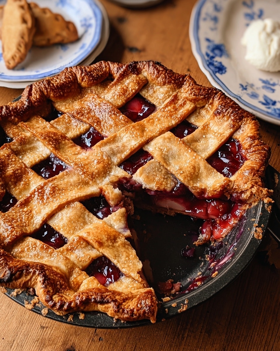 A baked pie with a golden-brown lattice crust showing a deep purple fruit filling oozing slightly between the crisscross strips, the crust edges are thick and rounded, sitting in a black pan with a handle visible on the right side, one slice has been cut and slightly removed, revealing the juicy inside, the pie is placed on a wooden surface and partially covered by a white plate in the top left corner. photo taken with an iphone --ar 4:5 --v 7