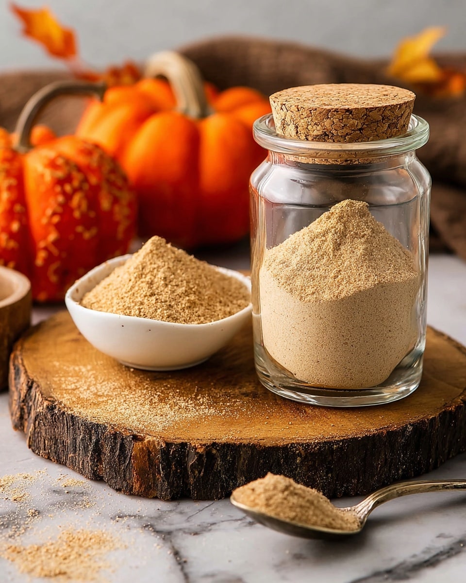 A clear glass jar filled about three-quarters with light beige powder stands on a roughly textured wooden board, sealed with a cork lid. Next to the jar, a shiny silver spoon holds a small pile of the same light beige powder. Behind these, a black bowl with a curved shape contains a flat, circular, beige cracker with faint patterns on its surface, placed on a thin wooden slice. In the blurred background, round orange pumpkins and golden-yellow autumn leaves add warmth. The whole scene rests on a white marbled surface. photo taken with an iphone --ar 4:5 --v 7