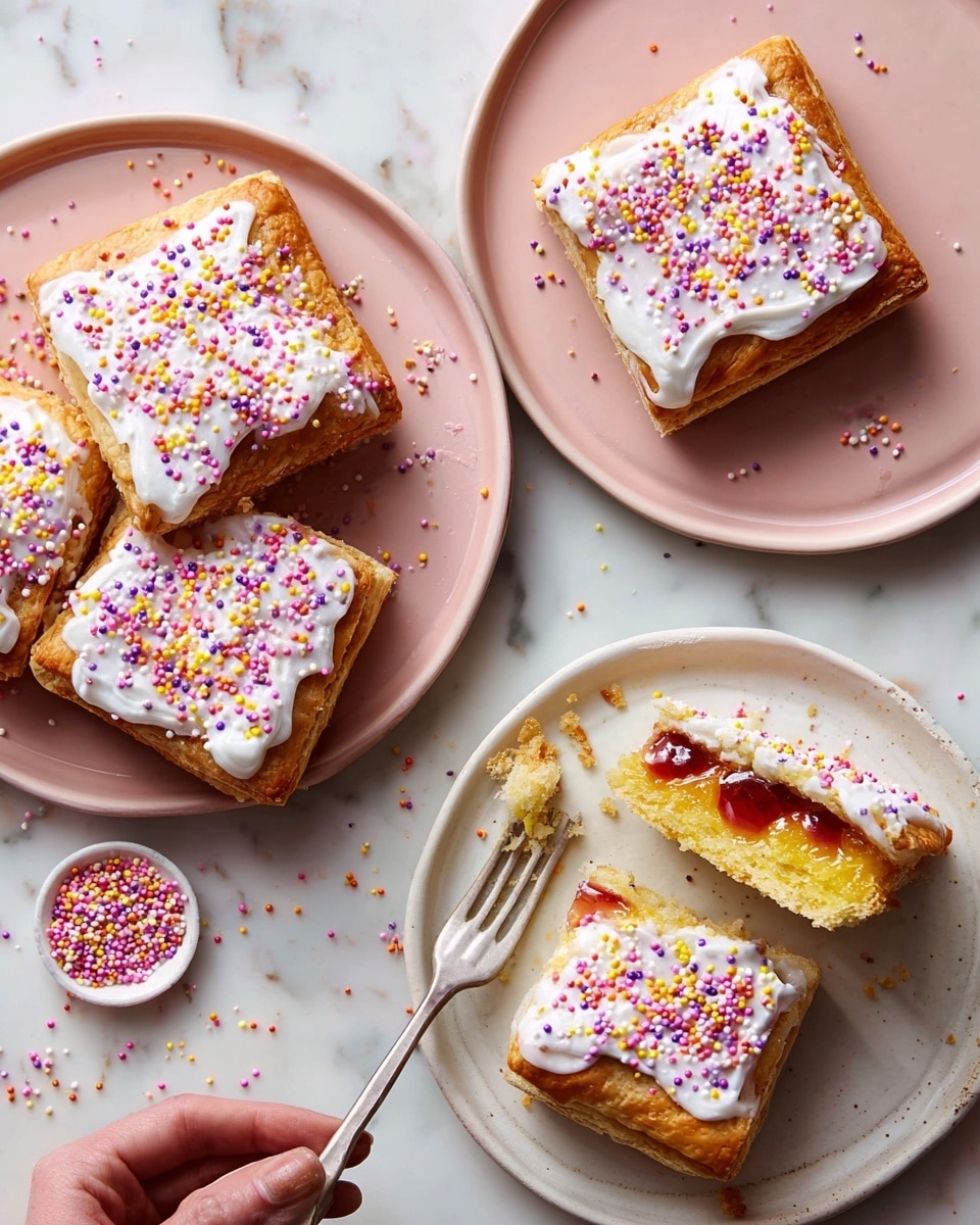 The image shows four square pastries with layers of golden, flaky crust. Each pastry is topped with a white icing layer that has a smooth and slightly shiny texture, scattered with small round sprinkles in pink, yellow, and purple colors. One pastry is cut open on a white plate, revealing a creamy yellow filling and red jam inside. Crumbs are spread around the pastries to give a textured look. The white plates have a simple design, and they rest on a white marbled surface. A woman's hand is holding a fork nearby on one plate, adding a human element to the scene. photo taken with an iphone --ar 4:5 --v 7