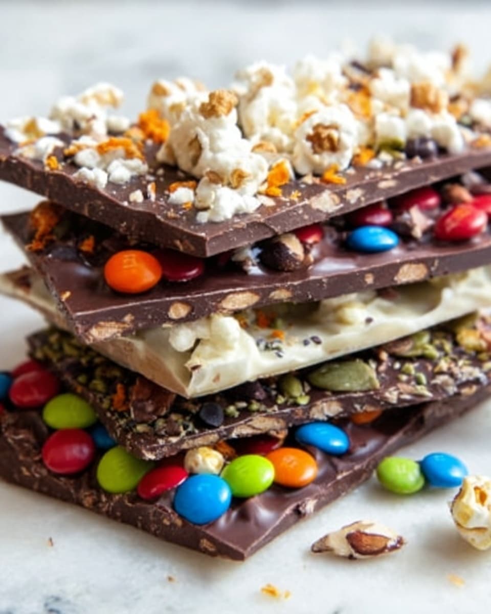 The image shows three stacks of chocolate bark pieces on a white marbled surface. The closest stack has dark chocolate with many colorful candy-coated chocolates scattered on top, adding bright red, green, blue, orange, and yellow spots on the dark brown base. Behind it, the middle stack features dark chocolate with a mix of crushed popcorn and white bits, creating a contrast of white and light yellow on the dark chocolate layer. The furthest stack has dark chocolate topped with dried red fruit bits and white pieces, making the top look textured and colorful with red and white on dark brown. The bark pieces are large and irregularly broken, showing rough edges and layers. photo taken with an iphone --ar 4:5 --v 7
