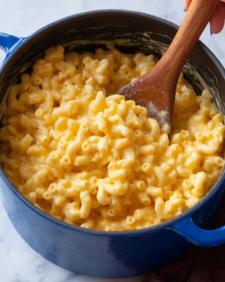 A close-up view of a blue pot filled with creamy macaroni and cheese, showing about one thick layer of elbow pasta coated in smooth yellow cheese sauce. A wooden spoon is partly inside the pot, stirring the cheesy pasta. The background features a white marbled texture. Photo taken with an iphone --ar 4:5 --v 7