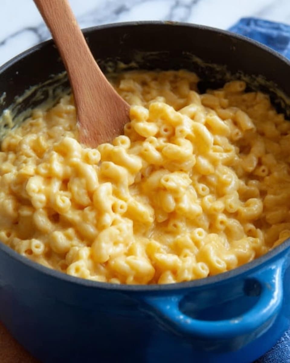 The image shows a close-up of a blue pot filled with creamy yellow macaroni and cheese. The top layer is glossy and smooth, with elbow-shaped macaroni pieces coated in thick cheese sauce. A wooden spoon is partly inside the pot, stirring the cheesy pasta, and a woman's hand is holding the spoon. The background surface has a white marbled texture. Photo taken with an iphone --ar 4:5 --v 7