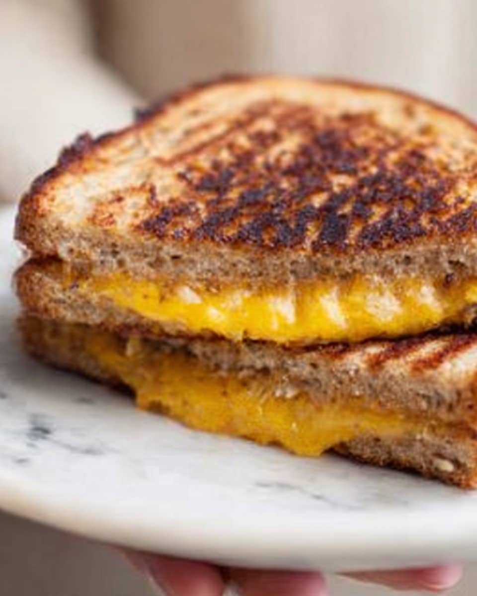 A close-up view of a grilled sandwich with two visible layers of toasted, slightly burnt bread that has a rough texture and dark grill marks. Between the bread slices, there is a thick layer of melted yellow cheese that slightly oozes out from the bottom edge. The sandwich is placed directly on a white marbled surface. The photo looks like it was taken with an iphone --ar 4:5 --v 7
