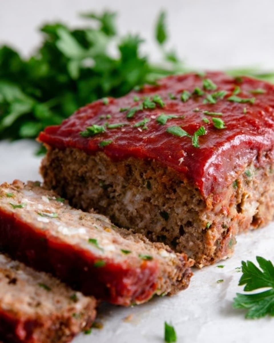 The image shows a close-up of a thick slice of meatloaf resting on a white marbled surface, topped with a smooth layer of red tomato sauce sprinkled with small green herbs. The meatloaf has a coarse, brown texture with visible small bits inside, indicating ground meat and seasoning. Fresh green parsley leaves are placed around the slice, adding a touch of color contrast. In the background, there is a blurred second piece of meatloaf, also topped with the red sauce. The photo taken with an iphone --ar 4:5 --v 7