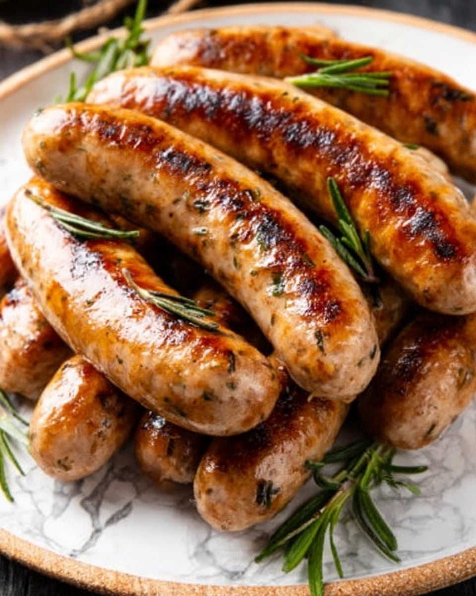 A close-up image of several cooked sausages placed on a dark cutting board, showing a mix of light and dark brown colors with char marks, some pieces garnished with small green rosemary sprigs. The sausages have a slightly shiny and textured surface, with some darker grill spots giving a juicy appearance. The overall setting includes a white marbled background with soft lighting that highlights the sausages' details. photo taken with an iphone --ar 4:5 --v 7