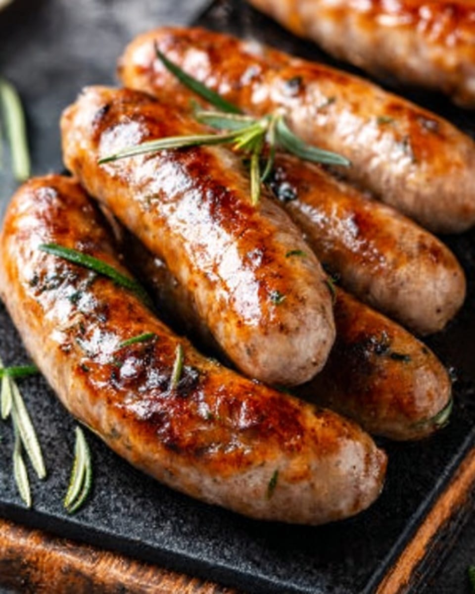 The image shows several grilled sausages with a golden brown color and grill marks, stacked closely together on a white plate with a visible texture. Small green rosemary sprigs are placed on and around the sausages, adding a fresh touch. The background is a white marbled surface that highlights the warm colors of the sausages. The sausages have a slightly shiny and juicy look, with some spots darker from grilling. Photo taken with an iphone --ar 4:5 --v 7