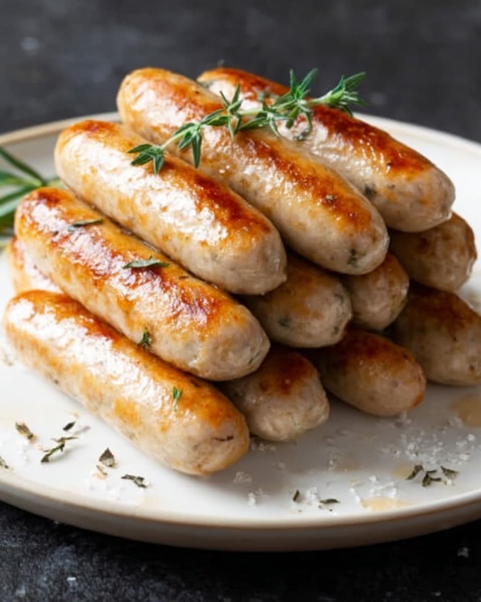 A black plate holds a stack of seven light golden-brown grilled sausages, arranged in a neat pile with some sausages showing light grill marks and a slight crisp on the edges. On top of the sausages sits a small sprig of green herb for garnish. The plate is set on a surface with a white marbled texture, giving a clean and bright background contrast to the warm tones of the sausages. Photo taken with an iphone --ar 4:5 --v 7
