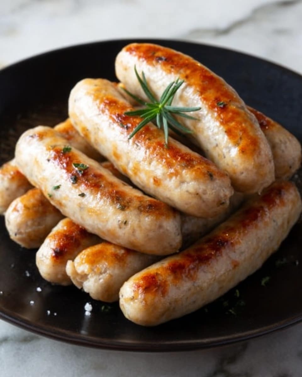 A stack of seven light golden-brown sausages with a slightly crispy skin sits on a round white plate, arranged in a neat pile with some overlapping. On top, a small green herb sprig adds a fresh contrast. The plate is placed on a white marbled surface, and some coarse seasoning is lightly scattered around the sausages. Photo taken with an iphone --ar 4:5 --v 7