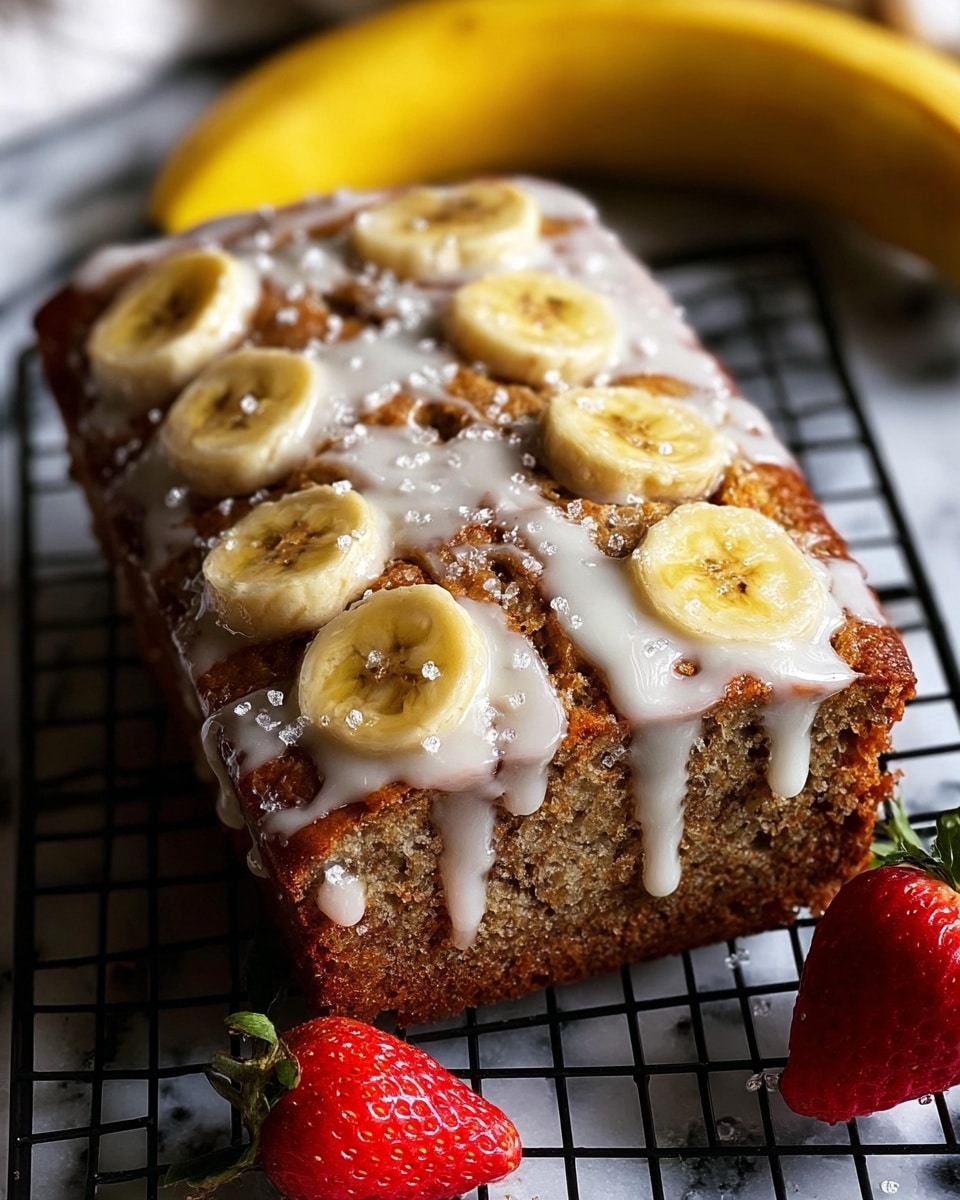 A loaf of banana bread is shown on a cooling rack over a white marbled surface, topped with a glaze that drips down the sides, giving it a shiny texture. The bread has a golden-brown crust with a slightly rough surface. On top are evenly spread slices of banana with a soft yellow color and some caramelized edges. Small white sprinkles are scattered over the glaze and bananas. A single bright red strawberry with a green leafy top sits beside the loaf, and a ripe banana is visible in the background. Photo taken with an iphone --ar 4:5 --v 7