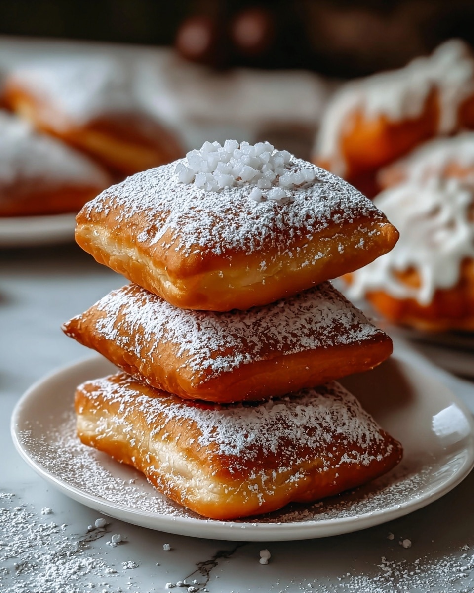 A white plate holds a stack of four square, golden-brown pastries with a soft, fluffy texture. Each pastry is dusted with a light layer of white powdered sugar that spreads thinly over the top and sides. The top pastry is decorated with small white sugar crystals clustered in the center. The pastries have a light, airy appearance with slight layers visible on the edges. They sit on a wooden surface that transitions into a blurred background with more pastries visible but out of focus. The overall scene feels warm and inviting. photo taken with an iphone --ar 4:5 --v 7