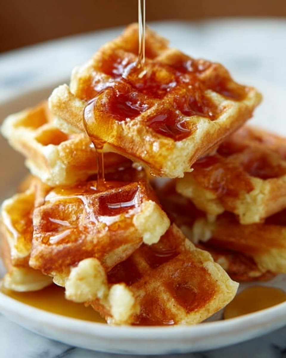 The image shows a stack of small golden waffles placed in a white bowl on a white marbled surface. The waffles have a crisp texture with deep square pockets, and a layer of amber syrup is being poured over the top, glistening as it flows down. The waffles are arranged in a slightly messy pile, with syrup dripping down the sides, creating a warm and inviting look. Photo taken with an iphone --ar 4:5 --v 7