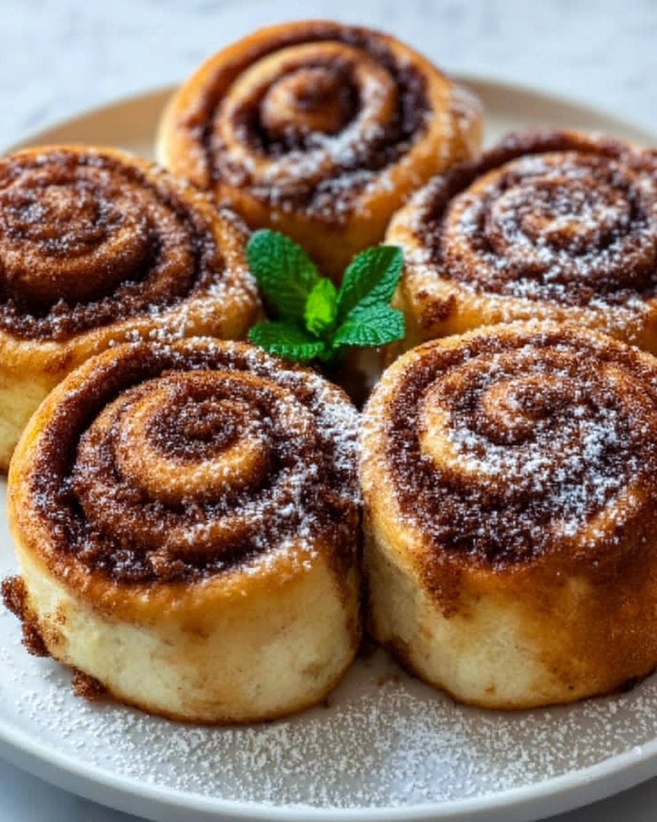 The image shows a close-up of four cinnamon rolls placed tightly together on a white plate, all with a smooth, golden-brown outer layer. Each roll has visible spirals of cinnamon sugar, slightly darker brown in color, with a soft, fluffy texture. A light dusting of white powdered sugar covers the rolls evenly, adding a gentle contrast to the warm tones. At the center of the group, a small green mint leaf adds a fresh pop of color. The plate sits on a white marbled surface, creating a clean and elegant background. Photo taken with an iphone --ar 4:5 --v 7