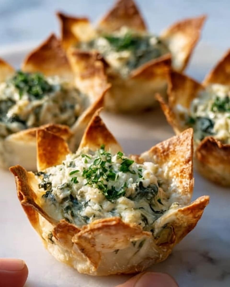 The image shows five small tart-like cups made from golden, crispy pastry shells with flared edges. Each shell is filled with a creamy mixture that is light beige with visible green bits of herbs mixed in, giving a textured and slightly chunky look. The tops of the creamy filling are garnished with small green herb sprigs, adding a fresh touch. The tarts are placed closely together on a white plate sitting on a white marbled surface, with soft natural light highlighting the warm tones of the pastry and fresh herb details. photo taken with an iphone --ar 4:5 --v 7