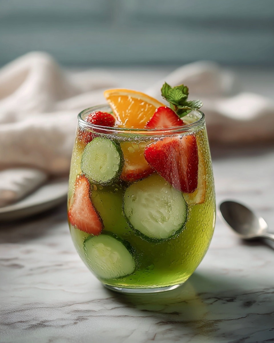 A clear glass mug filled with a bright green liquid with ice cubes floating inside. Mixed in the drink are several slices of red strawberries, green cucumber slices, and orange citrus segments, all visible through the glass. On top, there is a small sprig of fresh green basil. The mug sits on a white marbled surface with a soft, light cloth and a spoon placed nearby in the out-of-focus background. The glass has droplets of condensation on the outside, giving a refreshing look. Photo taken with an iphone --ar 4:5 --v 7