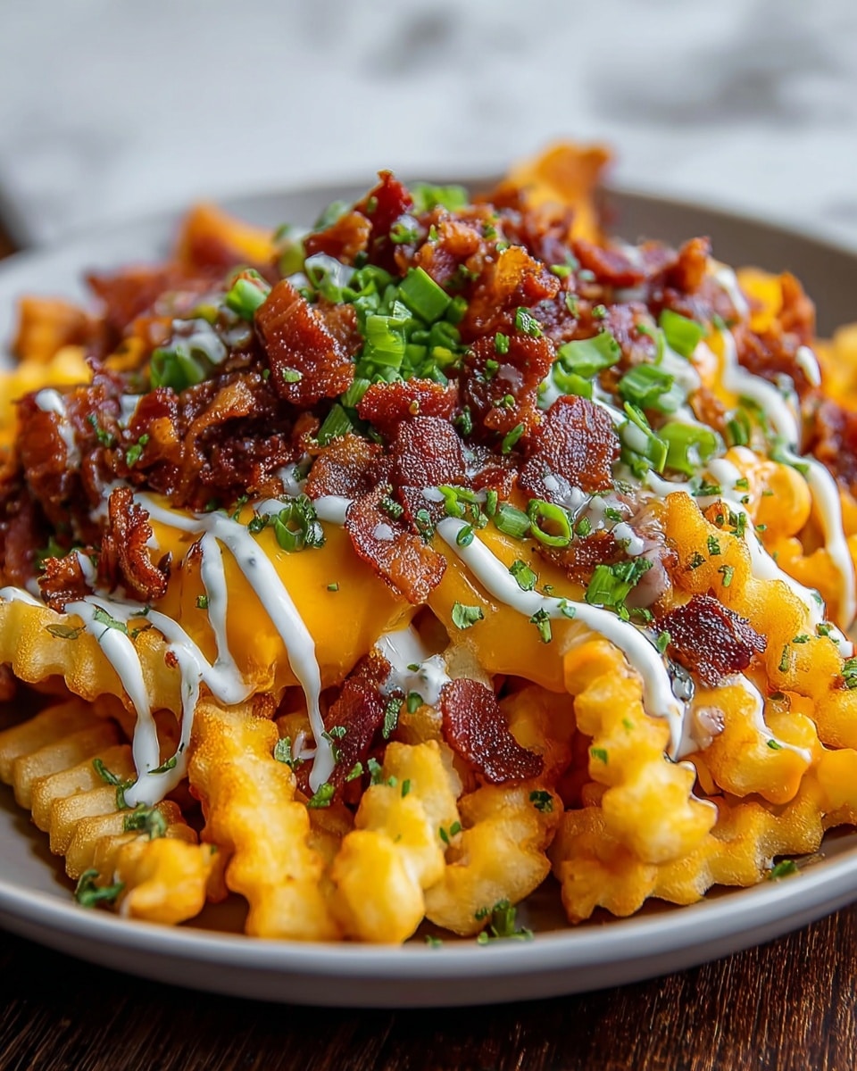 A black plate holds a generous pile of crinkle-cut fries as the base layer, golden yellow with a crispy texture. On top, melted orange cheddar cheese covers much of the fries in thick, gooey patches. Scattered over the cheese are small, crispy pieces of dark brown bacon. A drizzle of white sour cream zigzags across the dish, adding contrast. The top is sprinkled with finely chopped bright green scallions and a few specks of herbs for color. The plate sits on a white marbled surface with a blurred bowl of green garnish in the background. photo taken with an iphone --ar 4:5 --v 7