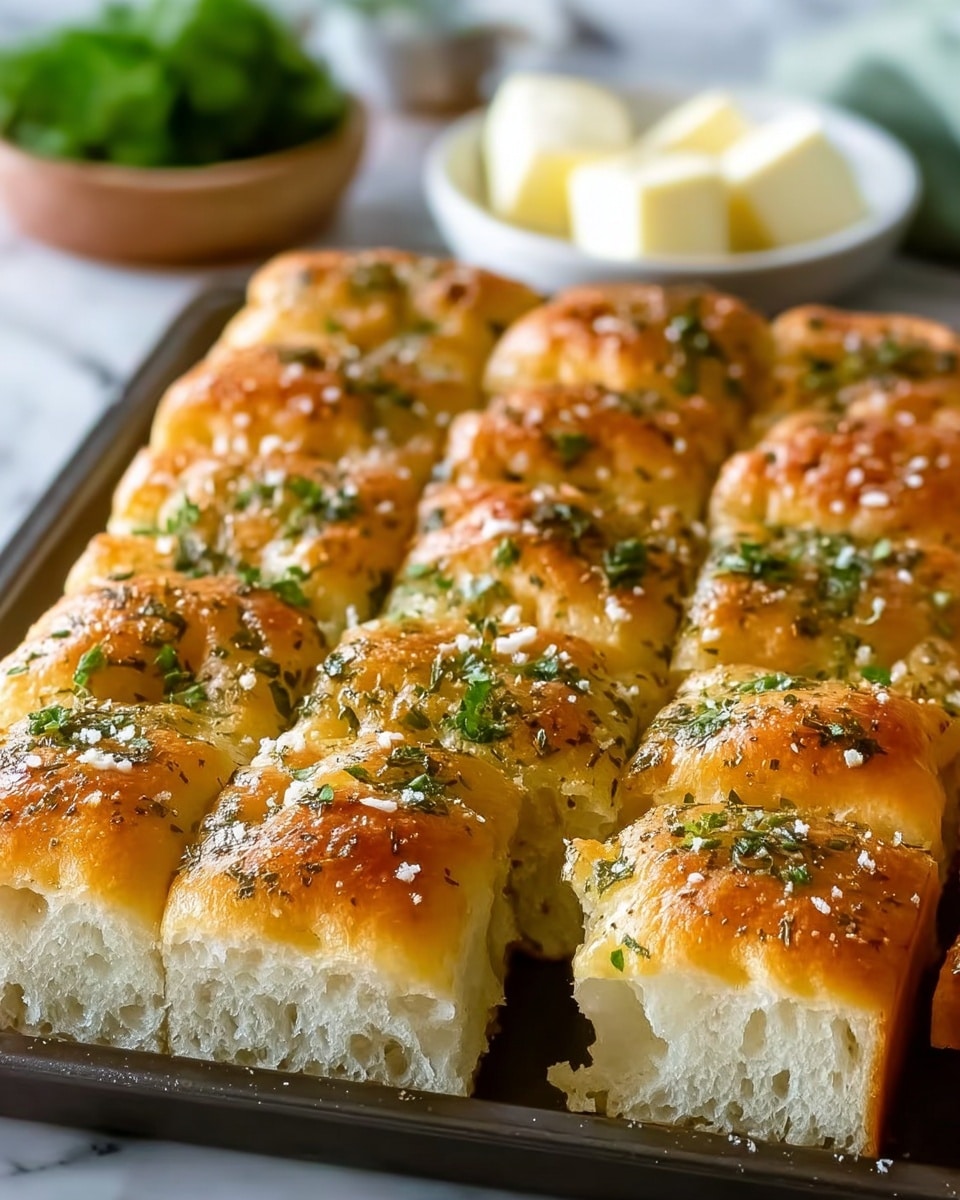 The image shows a baking tray filled with a thick square focaccia bread that is cut into 20 smaller square pieces. The bread has a golden-brown crispy top layer with a shiny texture, sprinkled with green herbs and white coarse salt. The middle layer reveals a soft, airy, and light texture with medium-sized air pockets. The pan sits on a white marbled surface, and in the blurred background, there is a small white bowl of melted butter and some green herbs. photo taken with an iphone --ar 4:5 --v 7