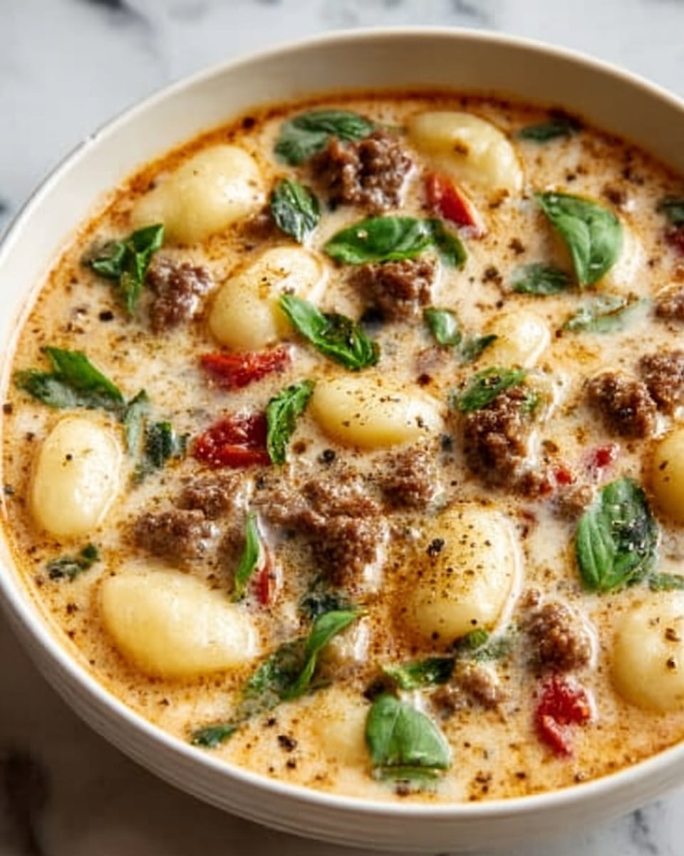 The image shows a white bowl filled with creamy soup that has many soft, small gnocchi pieces floating in it. The soup is light orange with some specks of red and green herbs scattered on top. Small chunks of cooked ground meat and bits of tomato are spread evenly in the soup. The surface of the soup looks smooth and slightly shiny, with hints of melted cheese or cream mixed in. The bowl rests on a white marbled texture with a woman’s hand holding a spoon next to it. Photo taken with an iphone --ar 4:5 --v 7