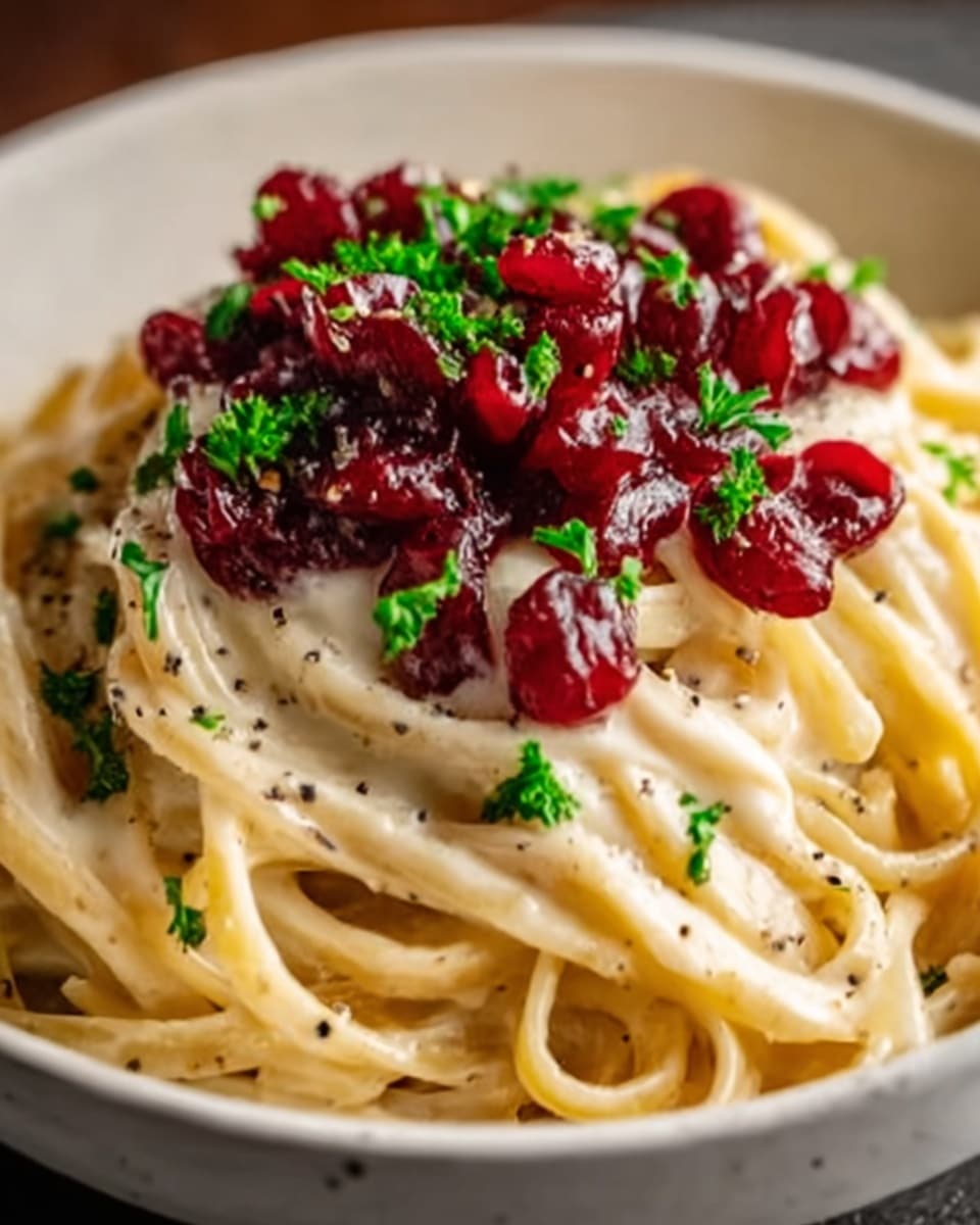 A white plate holds a nest of creamy fettuccine pasta layered with smooth, pale yellow sauce that looks rich and thick. On top of the pasta is a heap of glossy dark red cranberry sauce with whole cranberries, adding a bright contrast. Fresh green parsley leaves are sprinkled over the cranberry sauce and around the pasta, adding a touch of color. The plate sits on a white marbled surface. Photo taken with an iphone --ar 4:5 --v 7