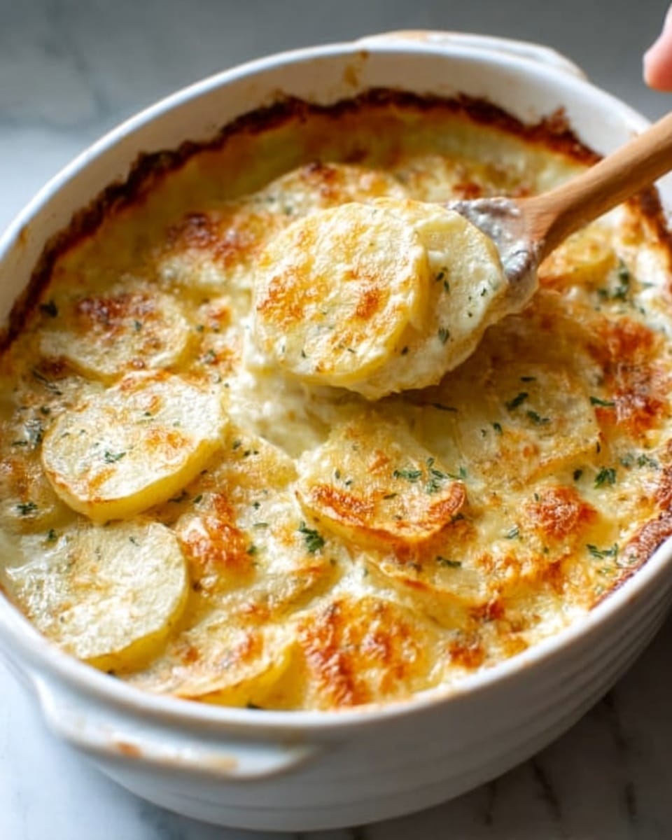 The image shows a creamy potato dish baked in a white round ceramic dish. The top layer consists of thin potato slices arranged closely together, lightly browned and crispy on the edges with some golden spots. The creamy sauce beneath has a smooth texture that peeks through between the potato slices. A wooden spoon rests inside the dish, partially scooping some of the potatoes. The scene is set on a white marbled surface. Photo taken with an iphone --ar 4:5 --v 7