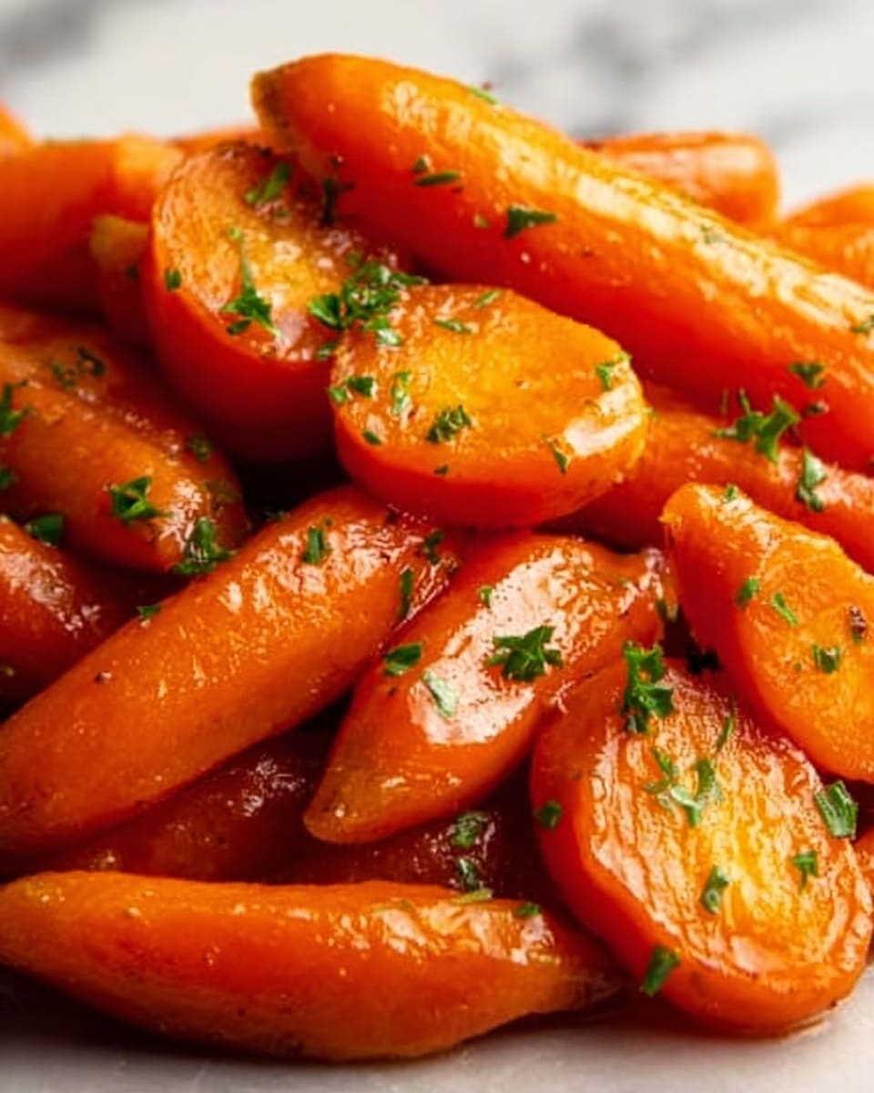 The image shows a close-up of cooked carrots in a white bowl. There are two types of carrot pieces visible: whole baby carrots and round carrot slices layered together. The carrots are bright orange with a shiny, slightly glazed texture, and they are sprinkled with small green herb pieces on top, giving a fresh look. The white bowl sits on a white marbled surface, creating a clean and simple background. Photo taken with an iphone --ar 4:5 --v 7