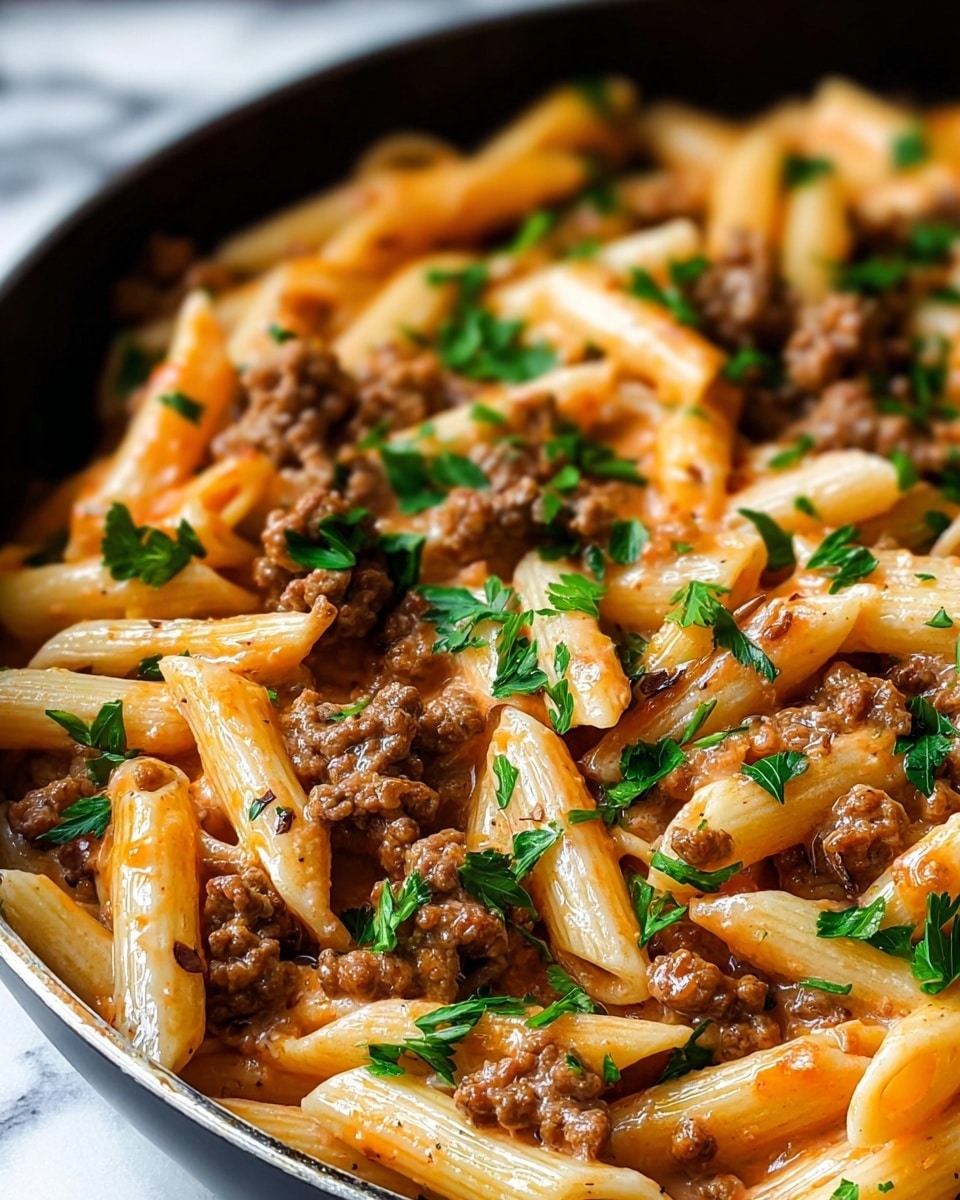 The image shows a close-up view of cooked penne pasta mixed with small, browned pieces of sausage. The pasta is pale yellow with ridges, coated in a thick orange-red sauce. There are bits of cooked onions scattered throughout and a sprinkling of chopped green herbs over the top for color. The textures include the smoothness of the sauce, the firmness of the pasta, and the slightly crispy surface of the sausage. The dish is in a black pan held by a woman's hand, set against a white marbled texture. photo taken with an iphone --ar 4:5 --v 7