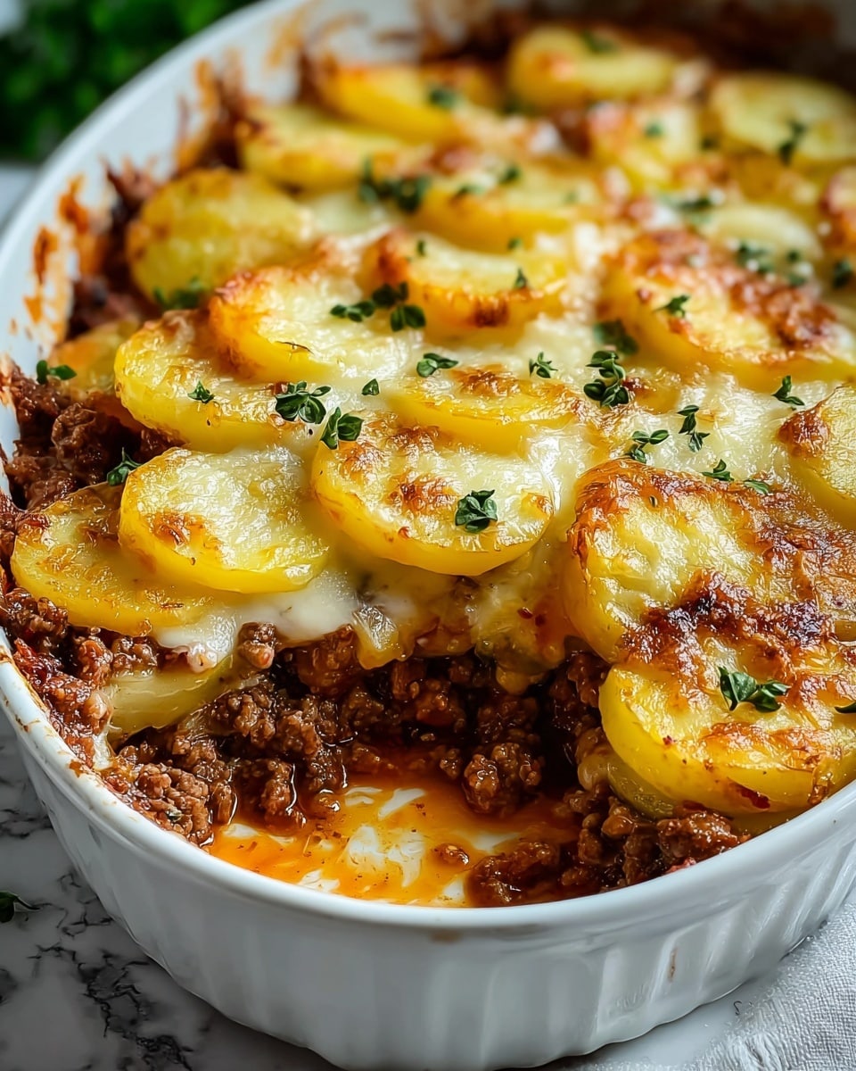 The dish is a layered casserole in a white ceramic baking dish with handles. The bottom layer is a saucy, browned ground meat mixture with a rich, reddish-brown color and chunky texture. Above this is a thick layer of sliced potatoes arranged in a single layer, round, pale yellow in color with some edges slightly browned. Covering the potatoes is melted cheese with golden brown spots, creamy and smooth, dotted with small green parsley leaves for garnish. The edges of the casserole dish show some baked-on sauce and melted cheese. The dish sits on a white marbled surface with hints of greenery blurred in the background. Photo taken with an iphone --ar 4:5 --v 7