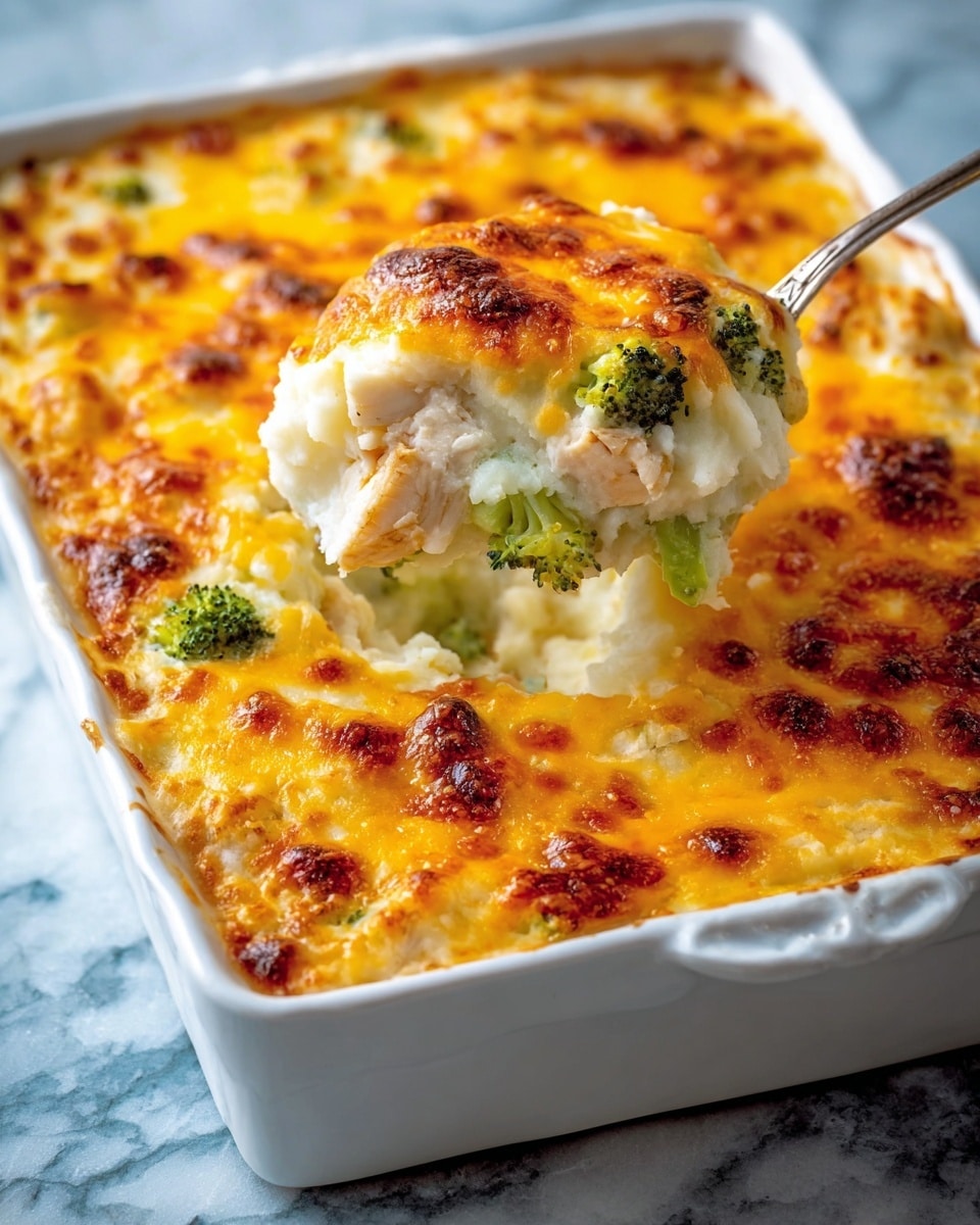 A white baking dish filled with a three-layer casserole, the bottom layer is creamy white with chunks of bright green broccoli, the middle layer shows tender white chicken pieces mixed within the creamy base, and the top layer is a thick, melted golden yellow cheese crust with browned crispy bits scattered on top, slightly bubbly and textured. One serving is lifted with a silver fork showing the soft, gooey layers and bits of broccoli inside, placed on a white marbled surface. photo taken with an iphone --ar 4:5 --v 7
