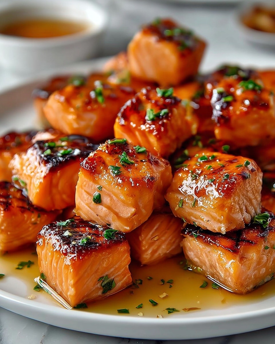 The image shows a white plate filled with ten small square pieces of grilled salmon, each piece having a glossy, caramelized golden-brown top with visible grill marks. The salmon cubes are a mix of light orange and pink colors, shiny with a glaze coating giving a wet look. Sprinkled finely chopped green herbs and tiny bits of black pepper are scattered over the fish pieces. The plate sits on a white marbled surface, and in the blurred background, there is a white bowl filled with orange sauce. The photo has a close-up view focusing on the texture and glaze of the salmon. photo taken with an iphone --ar 4:5 --v 7
