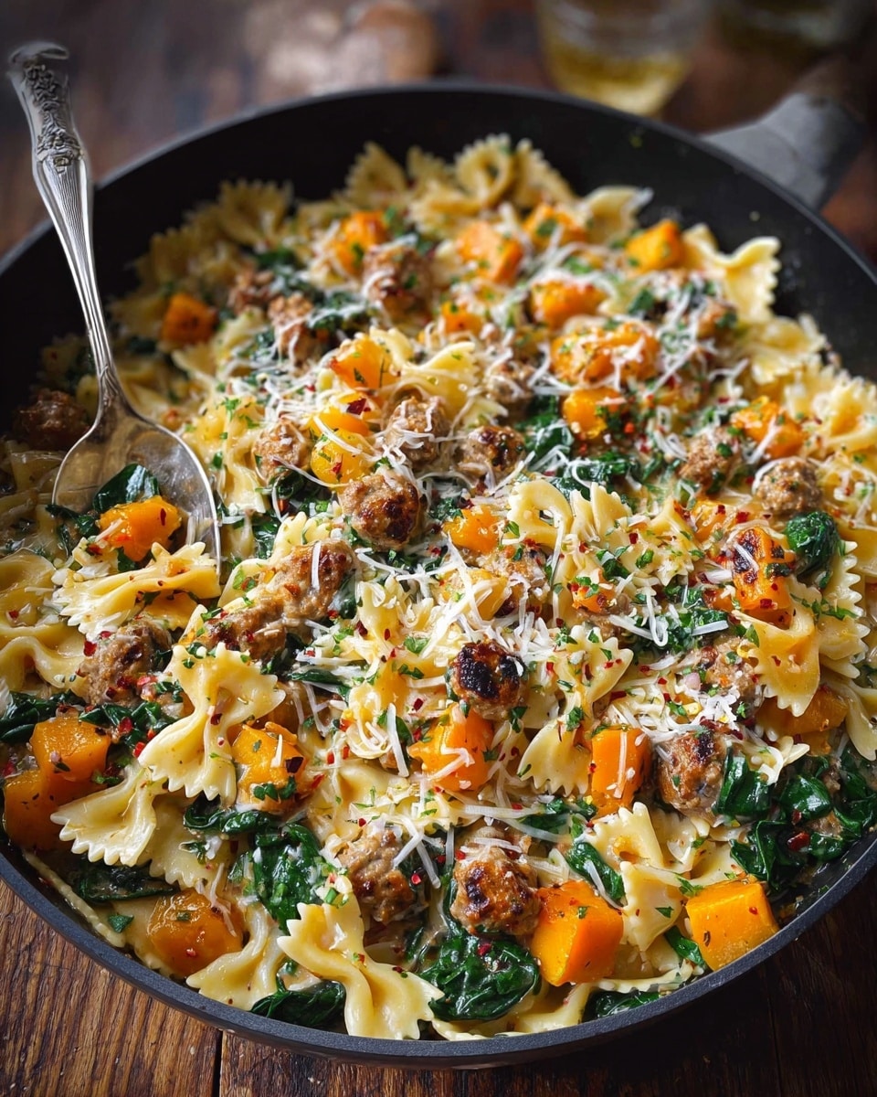 A large black skillet filled with a creamy pasta dish having three main layers: a base layer of bow-tie pasta in light yellow, coated in creamy sauce; mixed throughout are chunks of browned sausage pieces in dark brown and cubes of bright orange butternut squash; fresh dark green spinach leaves are scattered evenly, adding a leafy texture. The top is lightly sprinkled with shredded white cheese and finely chopped green herbs, adding color and texture contrast. A detailed silver spoon is placed inside the skillet on the right side, angled upwards, all set on a white marbled surface. photo taken with an iphone --ar 4:5 --v 7