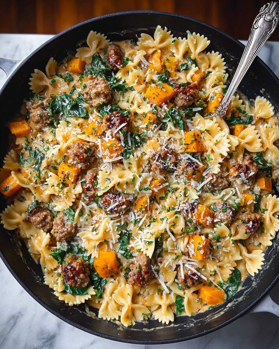 A large black pan filled with a creamy pasta dish made with bowtie-shaped pasta in light yellow, mixed with bright orange cubes of butternut squash, dark green spinach leaves, and browned crumbles of sausage scattered evenly. The dish is topped with melted shredded cheese and sprinkled with small bits of green herbs and red pepper flakes, creating a colorful, textured look. A silver spoon is placed inside the pan, and the pan rests on a wooden surface with a blurred background. photo taken with an iphone --ar 4:5 --v 7