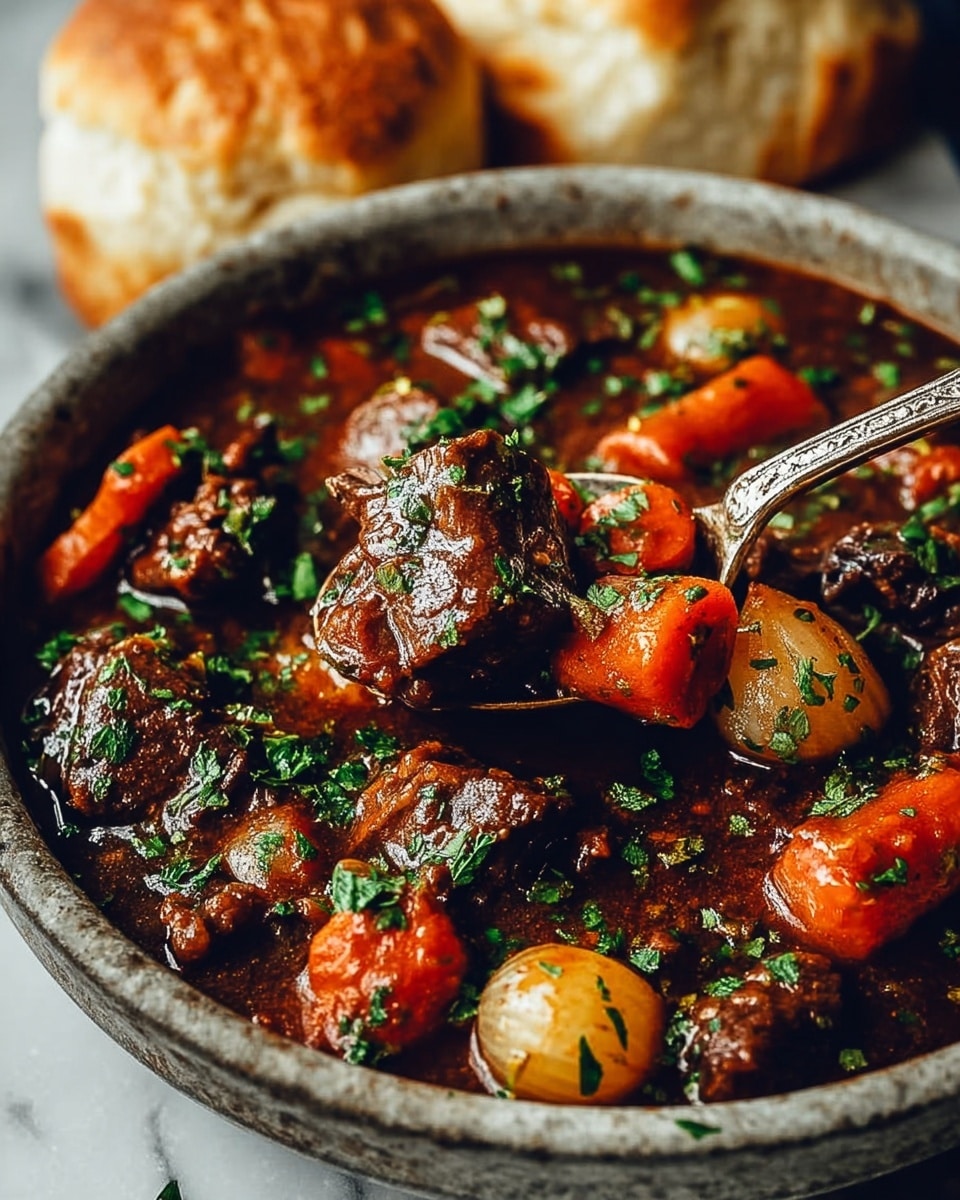 The image shows a close-up of a stew in a rustic grey bowl placed on a white marbled texture. The stew has three main layers: chunks of dark brown meat with a tender look, thick slices of bright orange carrots, and whole light golden pearl onions, all covered in a rich, glossy dark brown sauce with green herbs sprinkled on top. A silver spoon is partly submerged in the stew, lifting a few pieces. In the background, there are two soft, golden-brown bread rolls slightly blurred. photo taken with an iphone --ar 4:5 --v 7