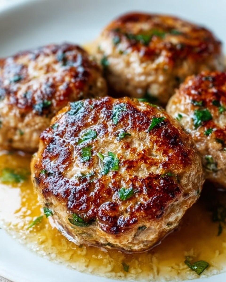 The image shows a close-up of a round, golden-brown meatball with a slightly crispy and textured surface, topped with finely chopped green herbs. The meatball sits on a white plate with some sauce around its base, giving a glossy shine. In the blurred background, there are more meatballs, also golden and garnished with herbs. The surface underneath the plate is a white marbled texture. Photo taken with an iphone --ar 4:5 --v 7
