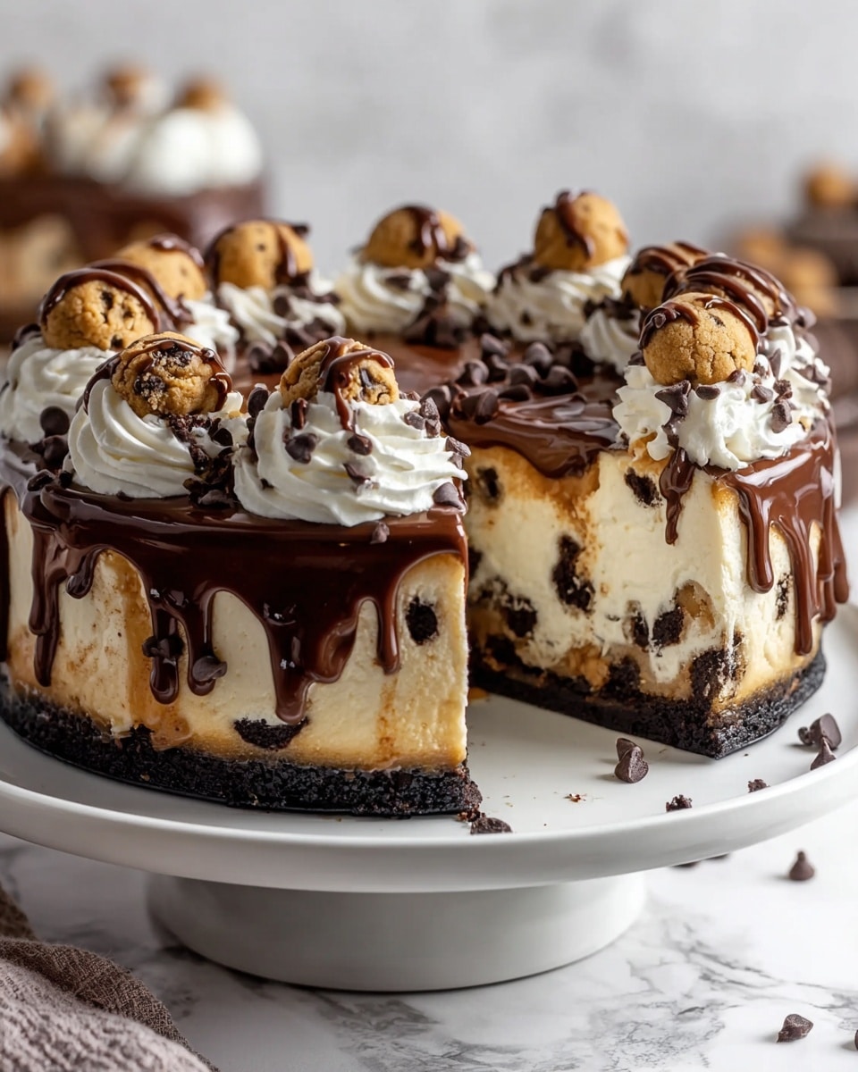 The image shows a rich chocolate chip cheesecake on a white plate, set on a white marbled surface. The cheesecake has three visible layers: a thick dark chocolate crumb crust at the bottom, a creamy off-white cheesecake layer filled with large chocolate chips in the middle, and a smooth shiny chocolate ganache layer on top that drips down the sides softly. On top of the ganache, there are dollops of white whipped cream evenly spaced around the cake, each topped with a small chocolate chip cookie and a few loose chocolate chips. The cake has a slice taken out, revealing the inside layers clearly. Photo taken with an iphone --ar 4:5 --v 7