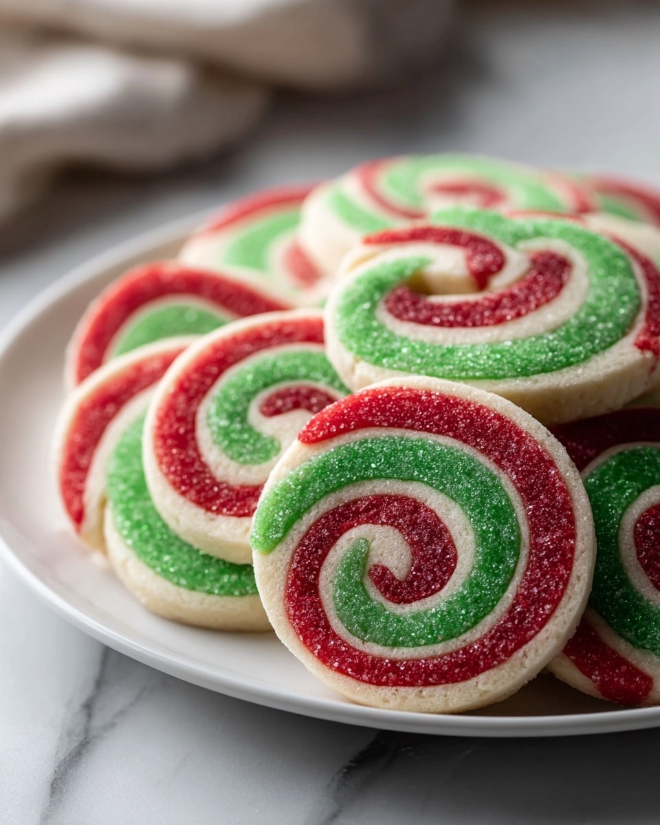 A white plate holds several round pinwheel cookies stacked in a casual pile. Each cookie shows three swirling layers: a sparkling red outer layer, a grainy green middle layer, and a smooth light beige inner layer. The sugar crystals on the red and green layers catch the light, giving the cookies a slightly rough texture, while the beige dough looks soft and smooth. The background is softly blurred with a white marbled texture barely visible underneath the plate, and warm, soft lights add to the cozy feeling. photo taken with an iphone --ar 4:5 --v 7